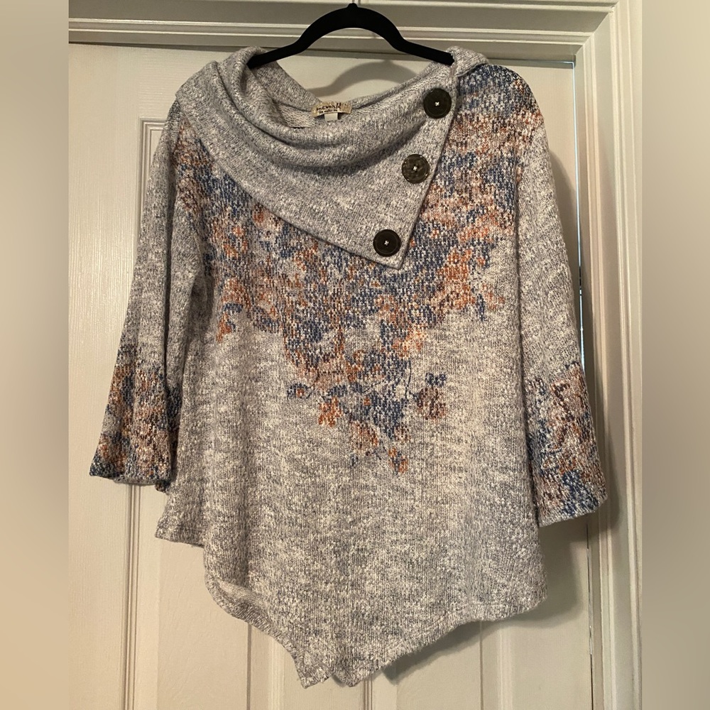 One World Knit 3/4 Sleeve Drop Shoulder Button Detailed Cowl Neck Tunic